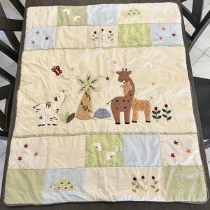 VTG Baby Quilt Crib Blanket Zoo Giraffe Zebra Turtle Jungle Comforter Gingham